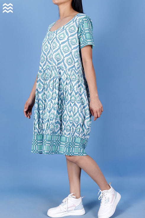 Slub Cotton Balloon Dress In Assorted Block Print