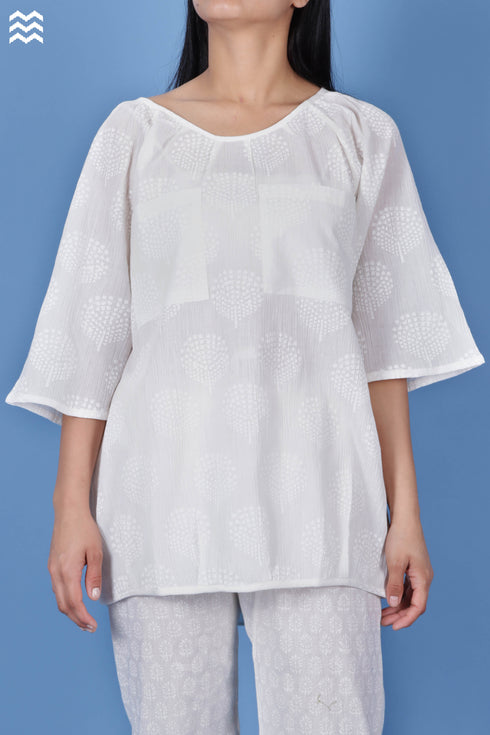 Crepe Cotton Top In White Block Print