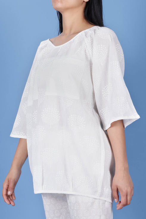 Crepe Cotton Top In White Block Print