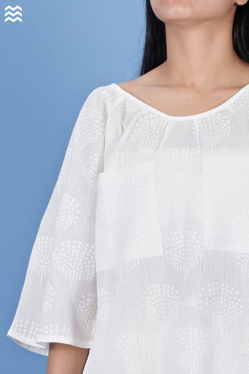 Crepe Cotton Top In White Block Print