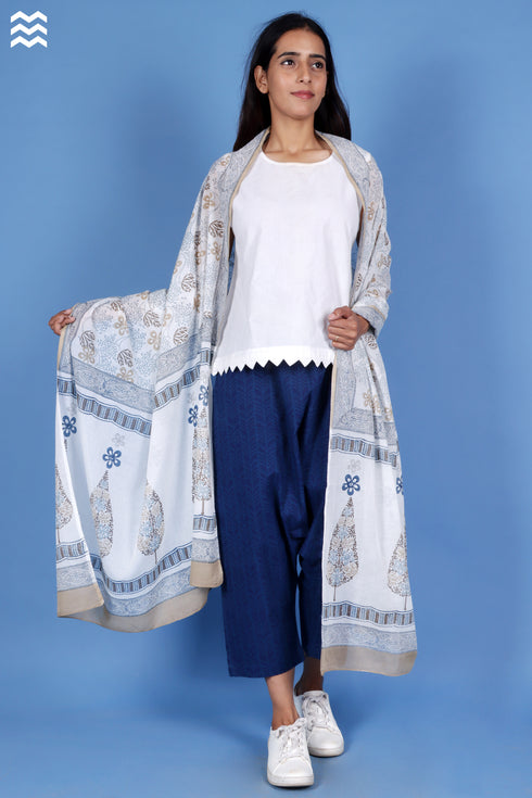 Mul Mul Cotton Off-White Block Printed Momo Wrap