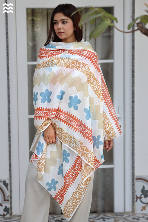 100% MulMul Cotton White Momo Wrap In Floral Block Print