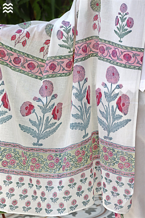 100% Mul Mul Cotton White Momo Wrap in Floral Block Print