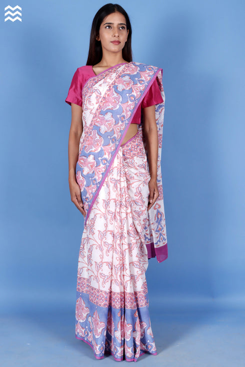 Mulmul Cotton Saree With Fall In Block Print
