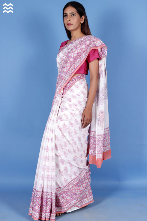 Mulmul Cotton Saree With Fall In Block Print