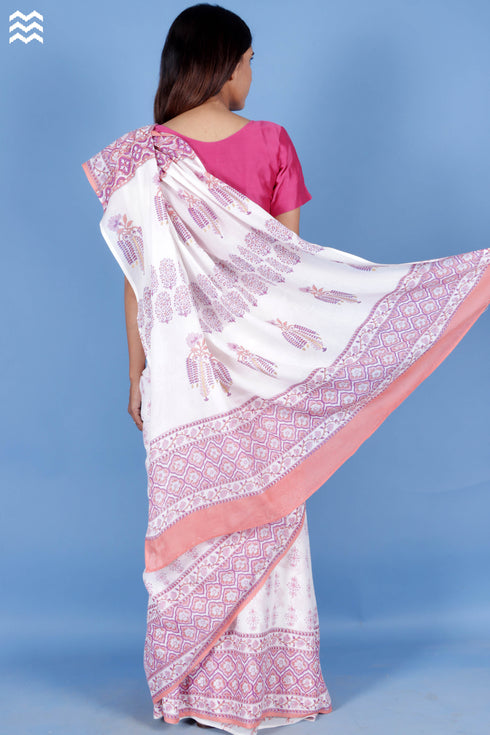 Mulmul Cotton Saree With Fall In Block Print