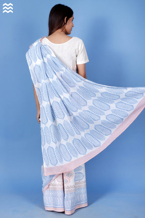 Mulmul Cotton Saree With Fall In Block Print