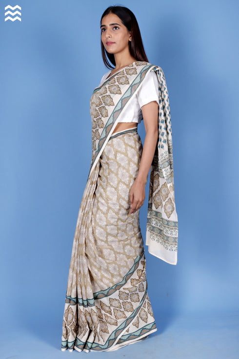 Mulmul Cotton Saree With Fall In Floral Block Print