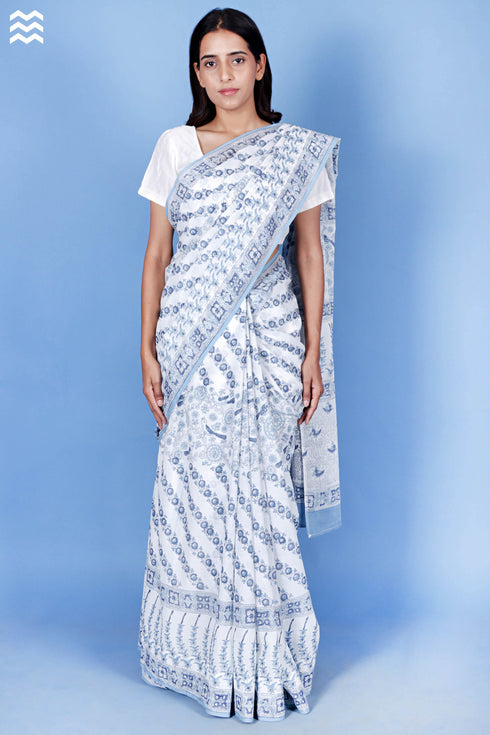 Mulmul Cotton Saree With Fall In Block Print