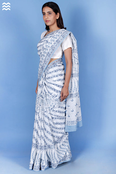 Mulmul Cotton Saree With Fall In Block Print