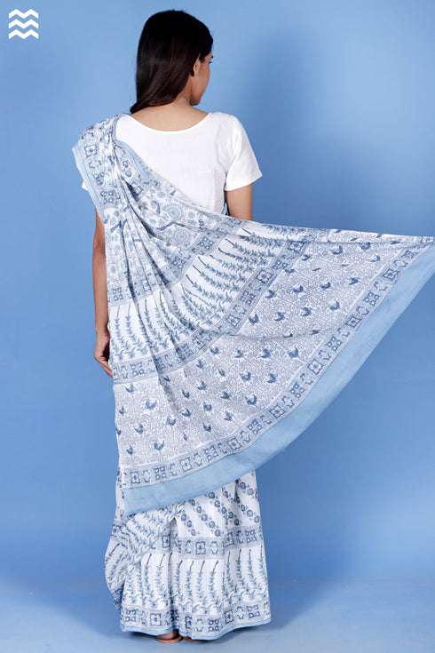 Mulmul Cotton Saree With Fall In Block Print