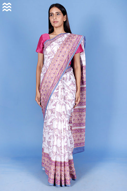 Mulmul Cotton Saree With Fall In Assorted Block Print