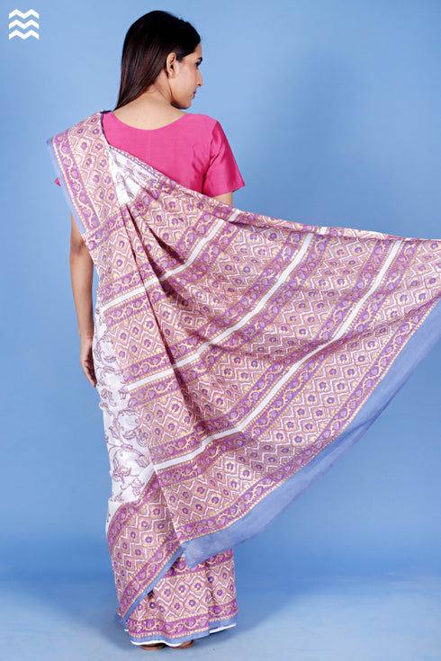 Mulmul Cotton Saree With Fall In Assorted Block Print