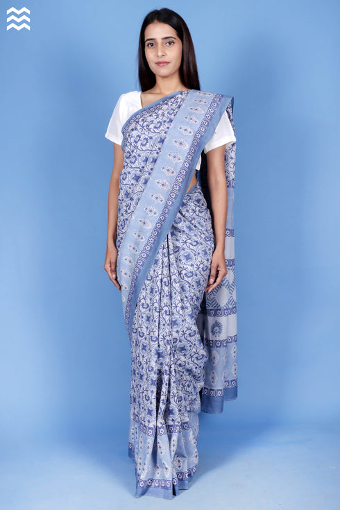 Cotton Silk Saree With Fall In Block Print