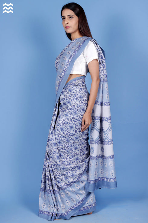 Cotton Silk Saree With Fall In Block Print