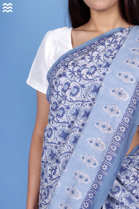Cotton Silk Saree With Fall In Block Print