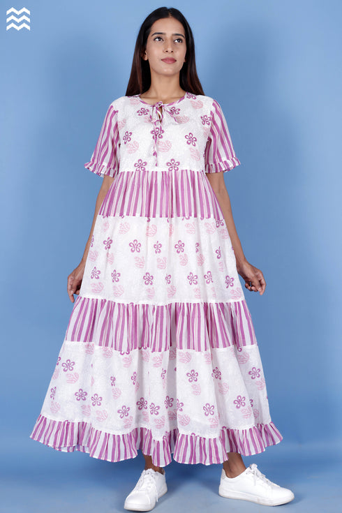 Mulmul Cotton Frou Frou Dress In Block Print