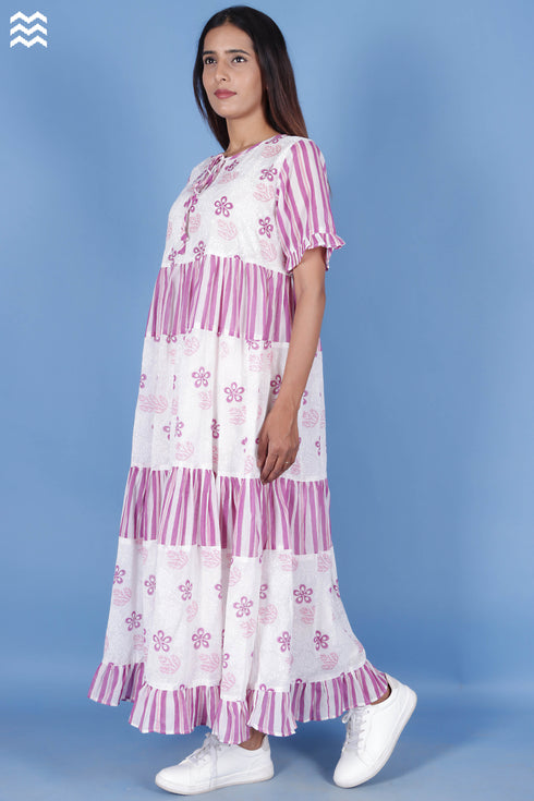 Mulmul Cotton Frou Frou Dress In Block Print