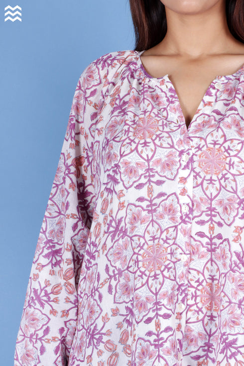 Mulmul Cotton Flared Poiret Top In Block Print