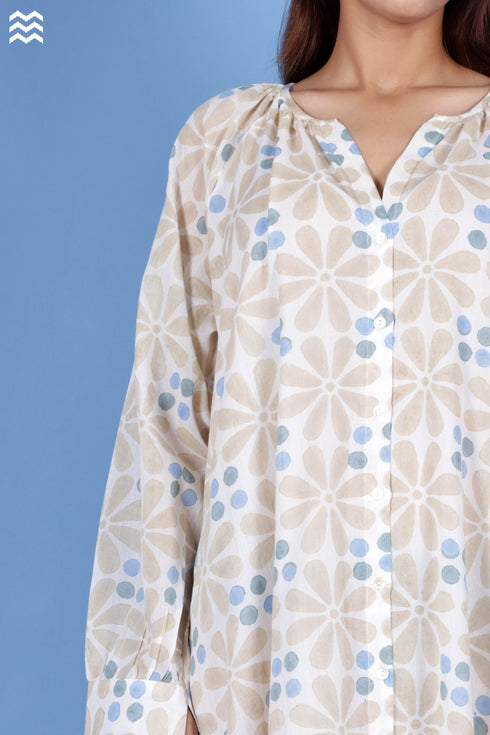 Mulmul Cotton Flared Poiret Top In Block Print