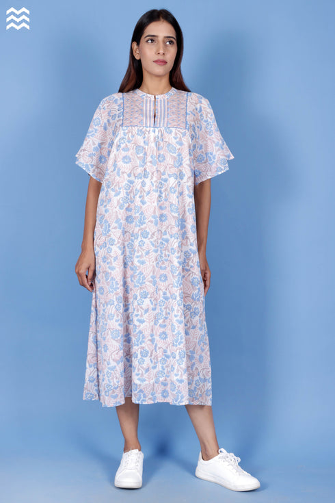 Mulmul Cotton Butterfly Dress In Block Print