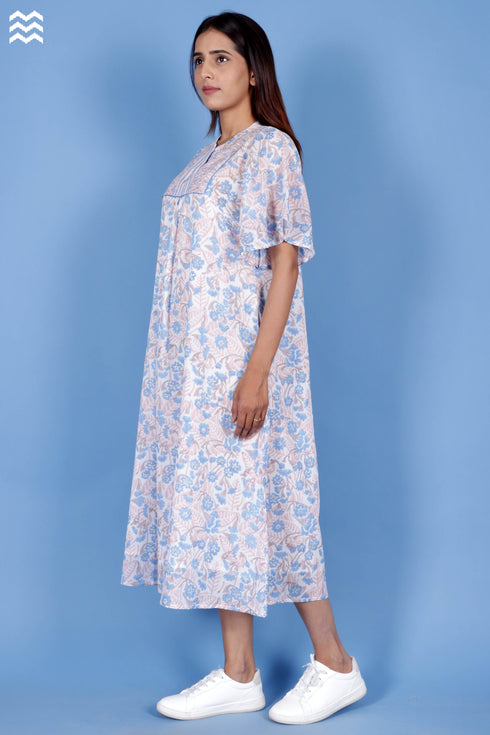 Mulmul Cotton Butterfly Dress In Block Print