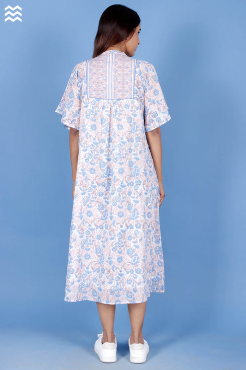 Mulmul Cotton Butterfly Dress In Block Print