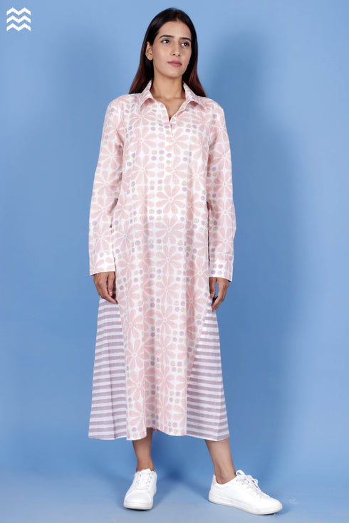 Slub Cotton Long Boyfriend Shirt In Block Print