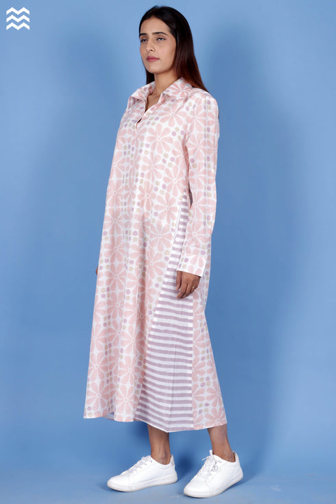 Slub Cotton Long Boyfriend Shirt In Block Print