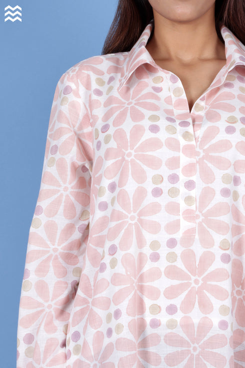 Slub Cotton Long Boyfriend Shirt In Block Print