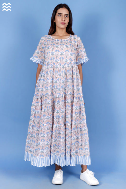 Mulmul Cotton Frou Frou Dress In Block Print