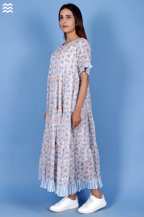 Mulmul Cotton Frou Frou Dress In Block Print