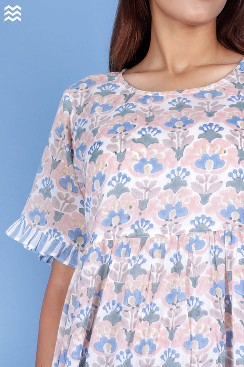 Mulmul Cotton Frou Frou Dress In Block Print