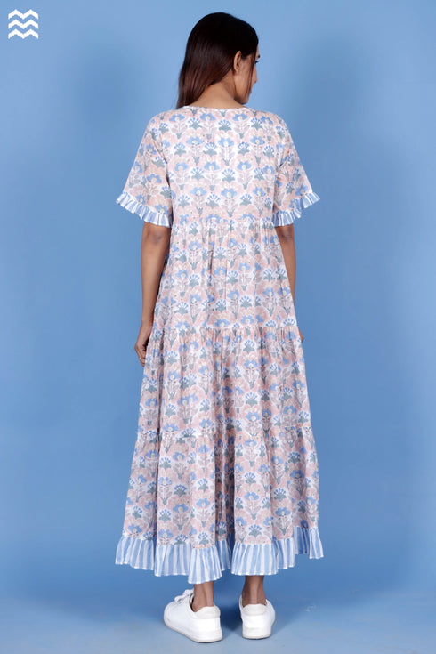 Mulmul Cotton Frou Frou Dress In Block Print