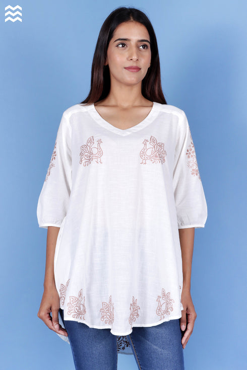 Slub Cotton Rose Top With Chikankari Embroidery