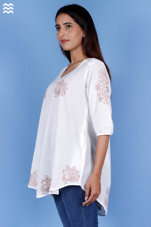 Slub Cotton Rose Top With Chikankari Embroidery