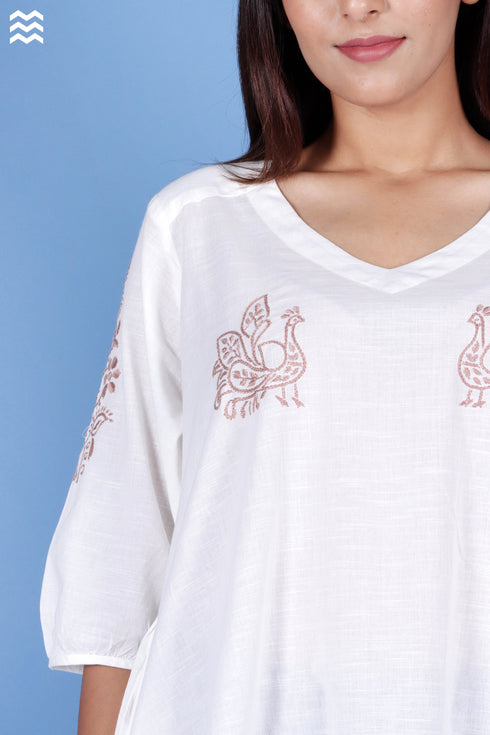 Slub Cotton Rose Top With Chikankari Embroidery