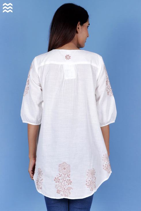 Slub Cotton Rose Top With Chikankari Embroidery