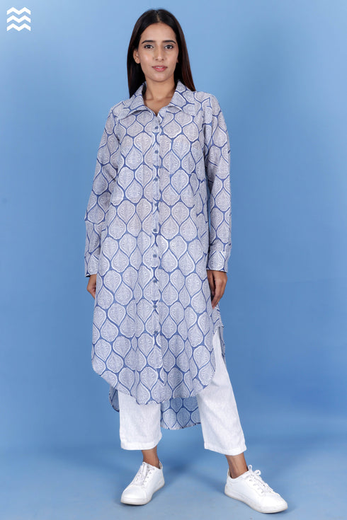 Cotton Silk Open Boyfriend Top In Block Print