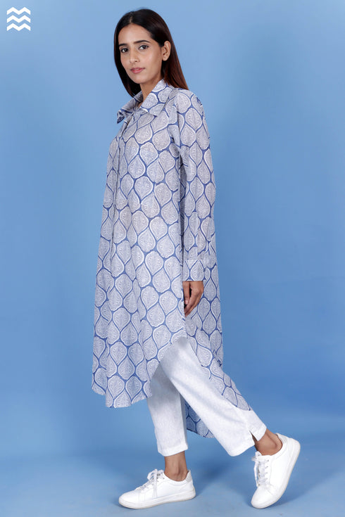 Cotton Silk Open Boyfriend Top In Block Print