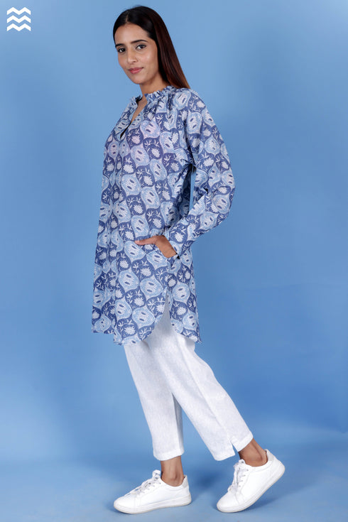 Cotton Silk Short Poiret Top In Block Print