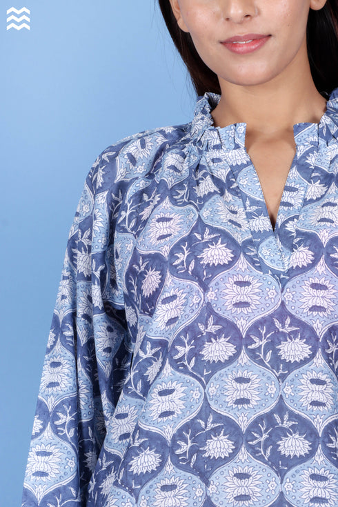 Cotton Silk Short Poiret Top In Block Print