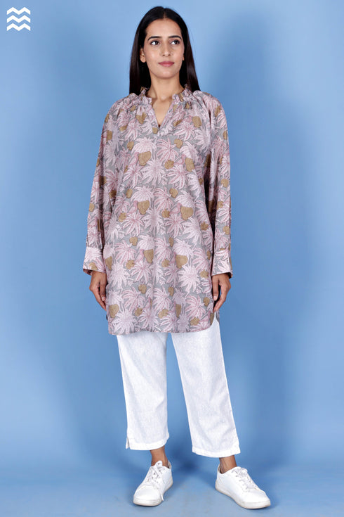 Cotton Silk Short Poiret Top in Block Print