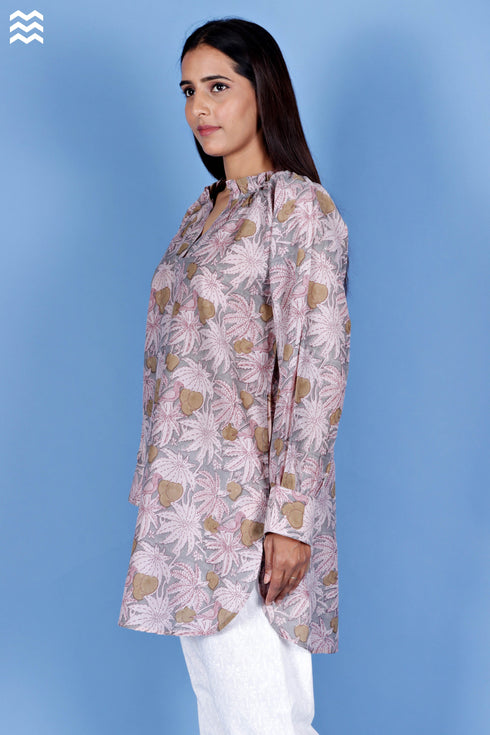 Cotton Silk Short Poiret Top in Block Print