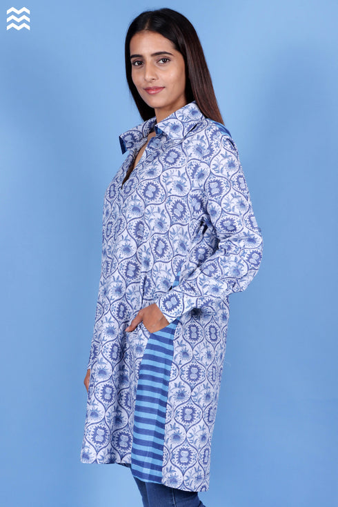 Cotton Slub Boyfriend Dress In Block Print