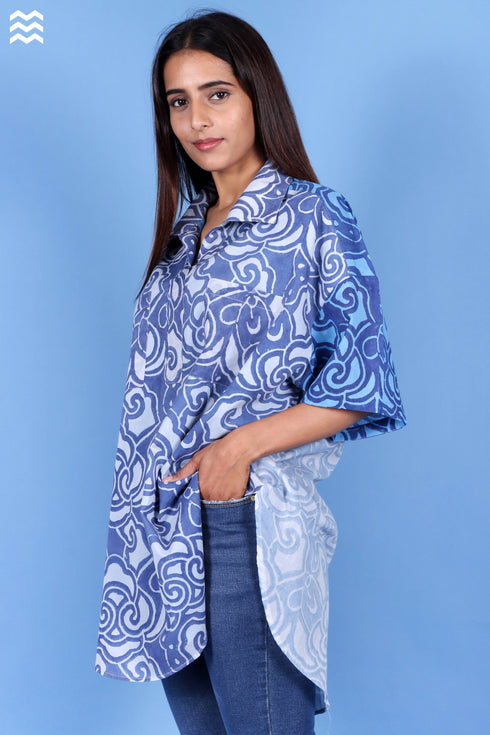 Mulmul Cotton Beach Shirt In Block Print