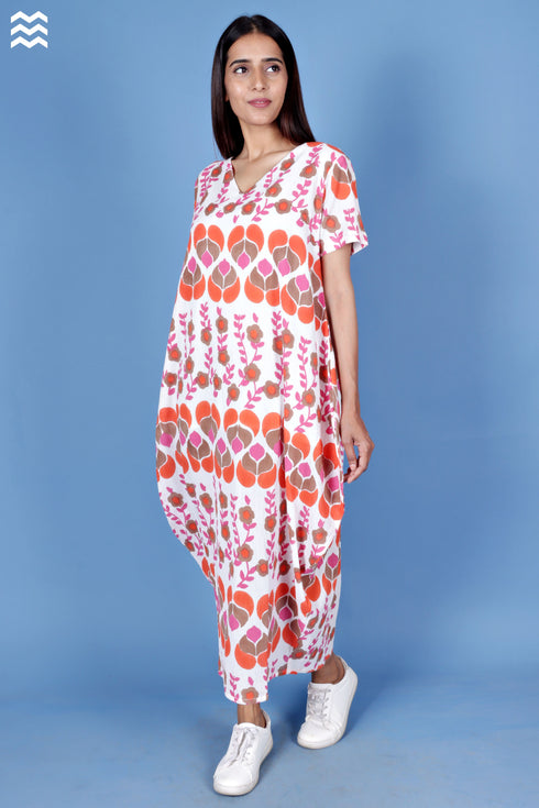 Crepe Cotton Bobo Dress In Block Print