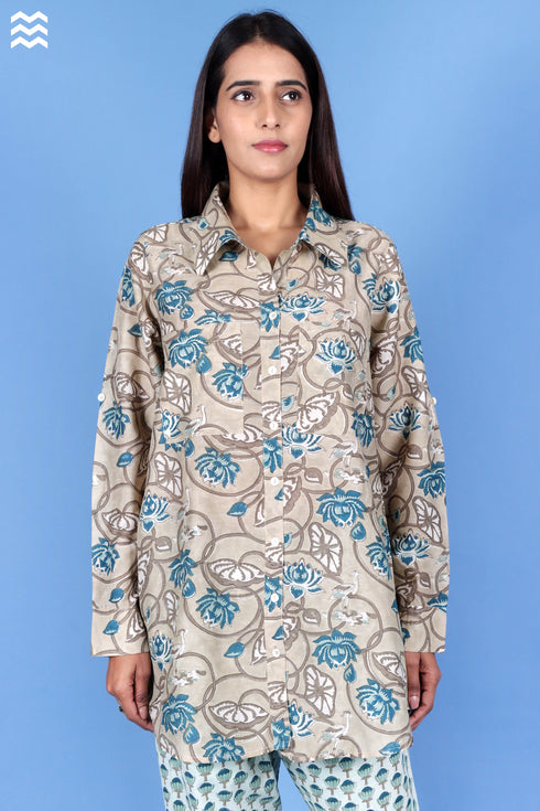 Cotton Silk Oversized Boyfriend Shirt In Floral Block Print