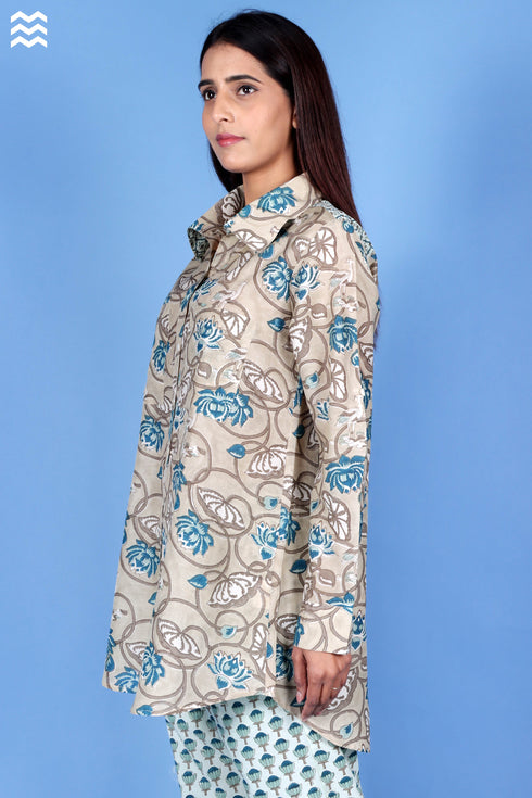 Cotton Silk Oversized Boyfriend Shirt In Floral Block Print