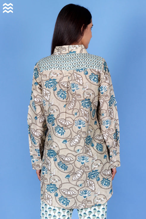 Cotton Silk Oversized Boyfriend Shirt In Floral Block Print